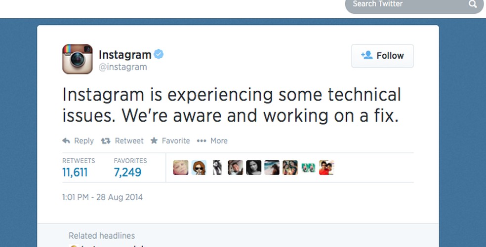 Instagram alerta sobre falha no Twitter e promete resolver problema em breve (Foto: Reprodução/Twitter) — Foto: TechTudo