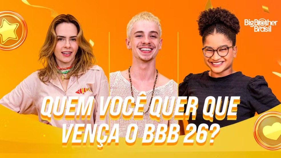 Quem ganha o BBB 2026? Veja parcial da final e como votar passo a passo — Foto: Reprodução/gshow