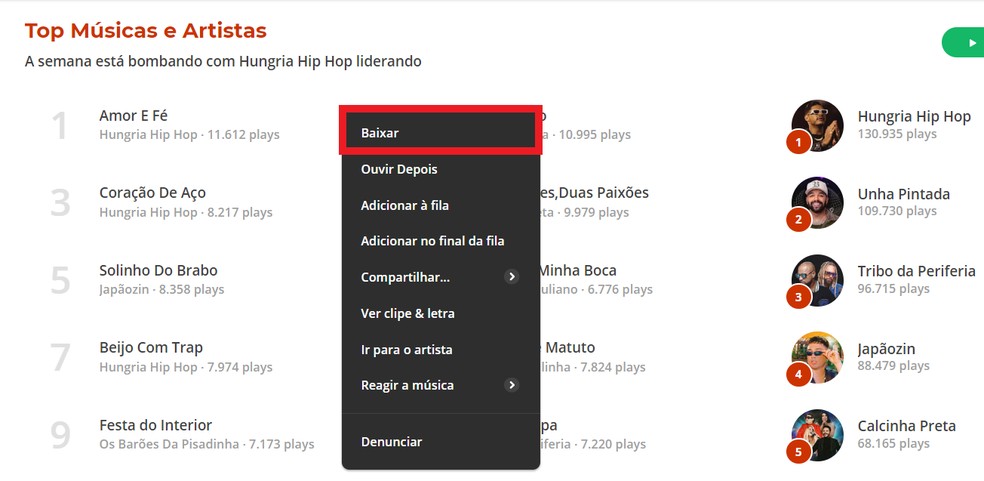 Escolha a música e clique em "baixar" para fazer o download — Foto: Reprodução/Thaisi Carvalho