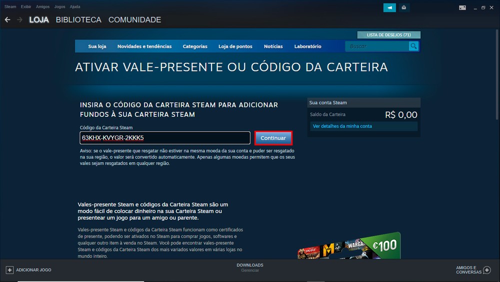 Como colocar gift card no Steam
