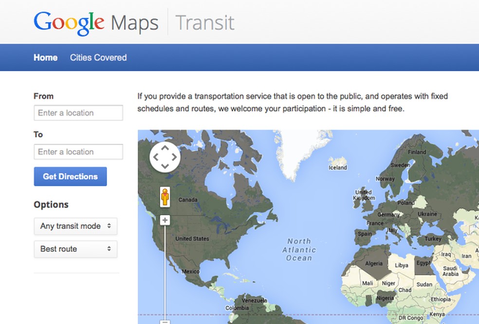 Site oficial do Google Transit, serviço com dados do transporte público do Google Maps (Foto: Reprodução/Google) — Foto: TechTudo