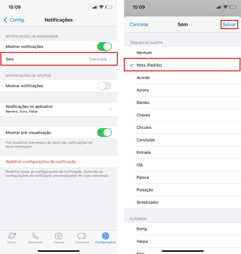 É possível escolher o som de notificação padrão do WhatsApp — Foto: Reprodução/Rodrigo Fernandes