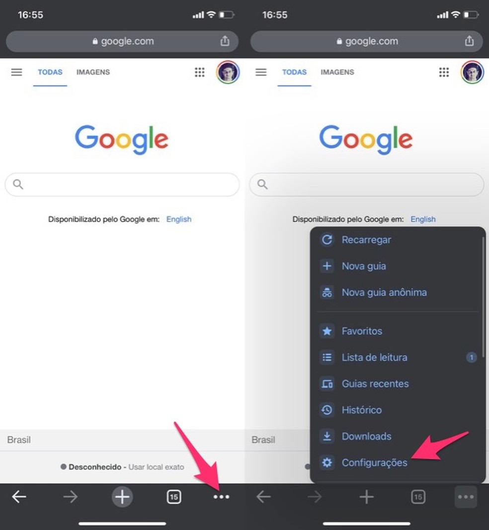 Ação para acessar as configurações do Google Chrome no iPhone — Foto: Reprodução/Marvin Costa