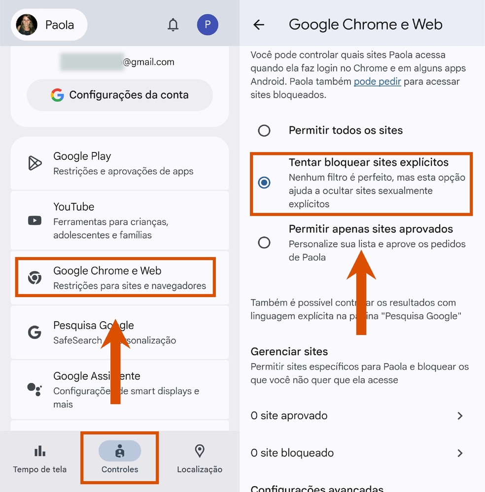No app Family Link, vá até "Google Chrome e Web" para configurar os bloqueios de sites adultos  — Foto: Reprodução/Paola Mansur