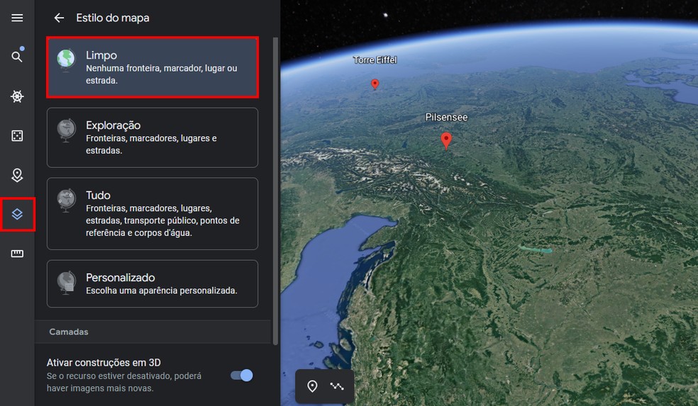 É possível remover demarcações do mapa no Google Earth — Foto: Reprodução/Rodrigo Fernandes