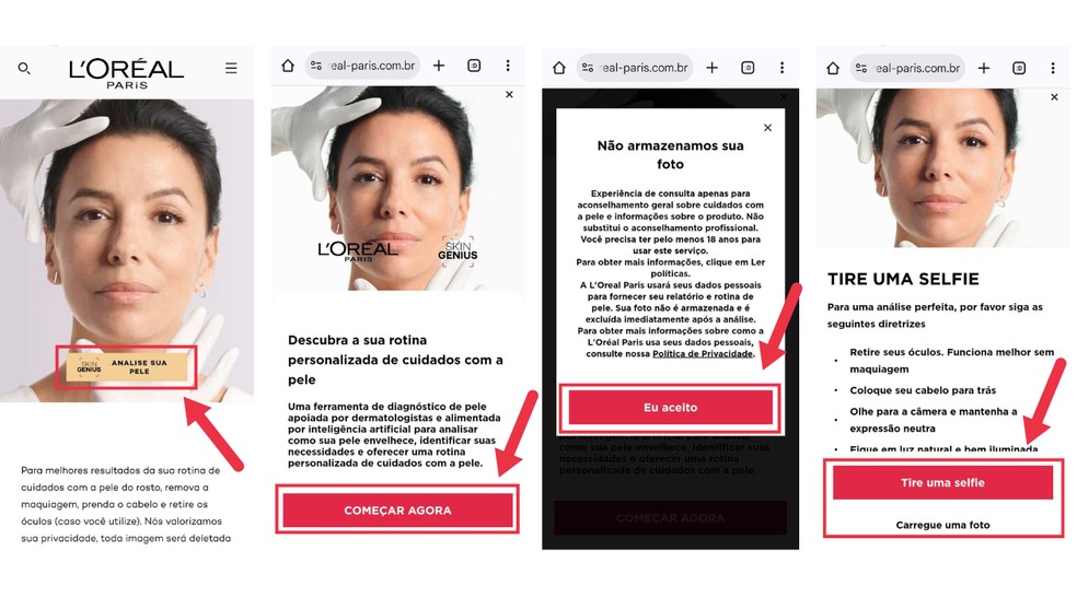 Acesse a plataforma do Skin Genius e tire uma selfie ou envie uma foto — Foto: Reprodução/Júlia Silveira