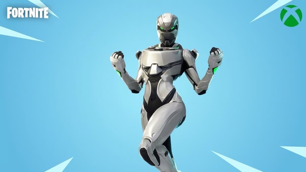 Eon, skin do Fortnite com design de robô, prateada com detalhes em verde, fazendo referência ao Xbox — Foto: Reprodução/Dexerto