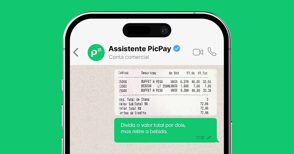 Pix no WhatsApp: Assistente PicPay consegue dividir a conta entre diferentes pessoas e realizar cálculos proporcionais — Foto: Divulgação/PicPay