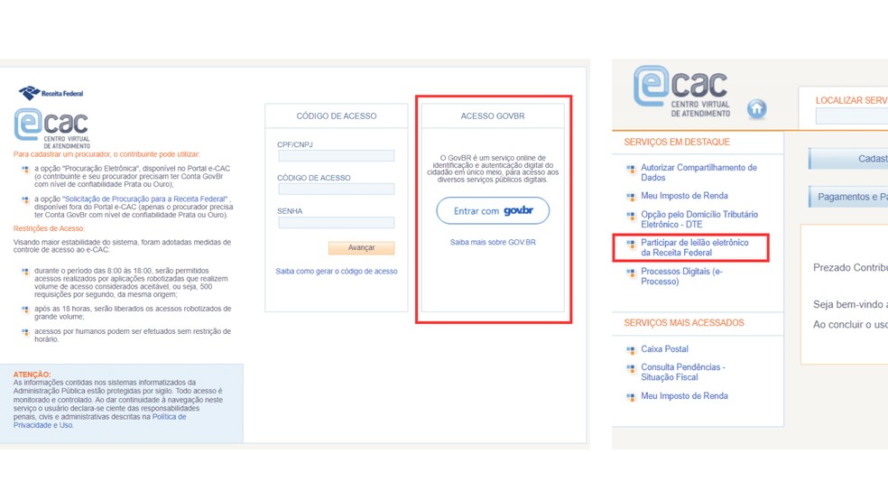 Faça seu login no e-CAC para participar de um leilão da Receita Federal — Foto: Reprodução/Bruno Guerra