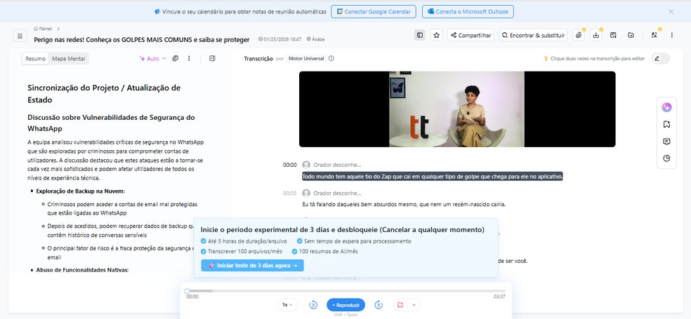 Notta AI gera transcrições e notas automáticas dos conteúdos dos áudios/vídeos — Foto: Reprodução/Shayla Silva