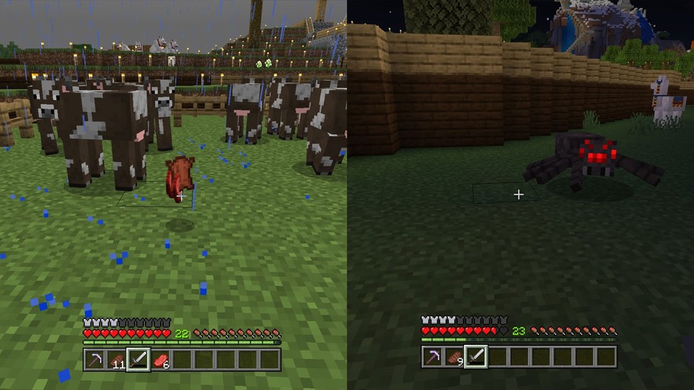 Obtenha 1 Couro de Vacas e 1 Linha de Aranhas em Minecraft para criar os Pacotes/Bundles — Foto: Reprodução/Rafael Monteiro