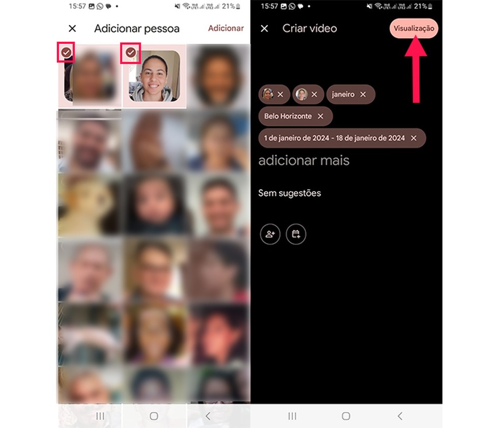 Ação para selecionar pessoas que devem aparecer no vídeo criado pelo Google Fotos — Foto: Reprodução/Marcela Franco
