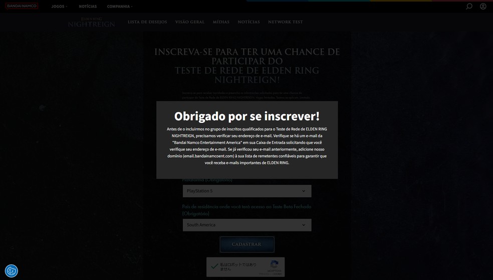 Após se inscrever, verifique sua caixa de entrada para confirmar a participação no teste de Elden Ring Nightreign — Foto: Reprodução/Bruno Magalhães