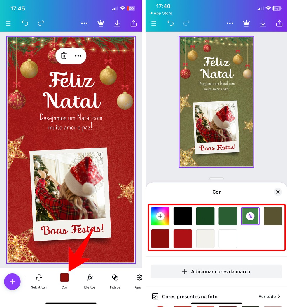 É possível mudar as cores do cartão no Canva: veja como fazer arte com mensagem de Feliz Natal para professora — Foto: Reprodução/Rodrigo Fernandes