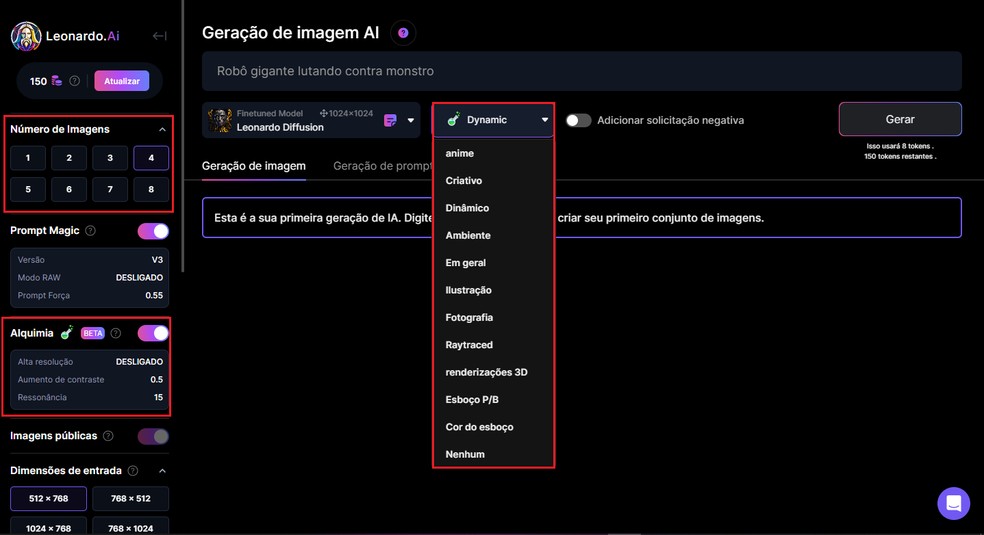 O Leonardo.Ai permite que o usuário determine o estilo de imagem que será criada — Foto: Reprodução/Gabriel Pereira