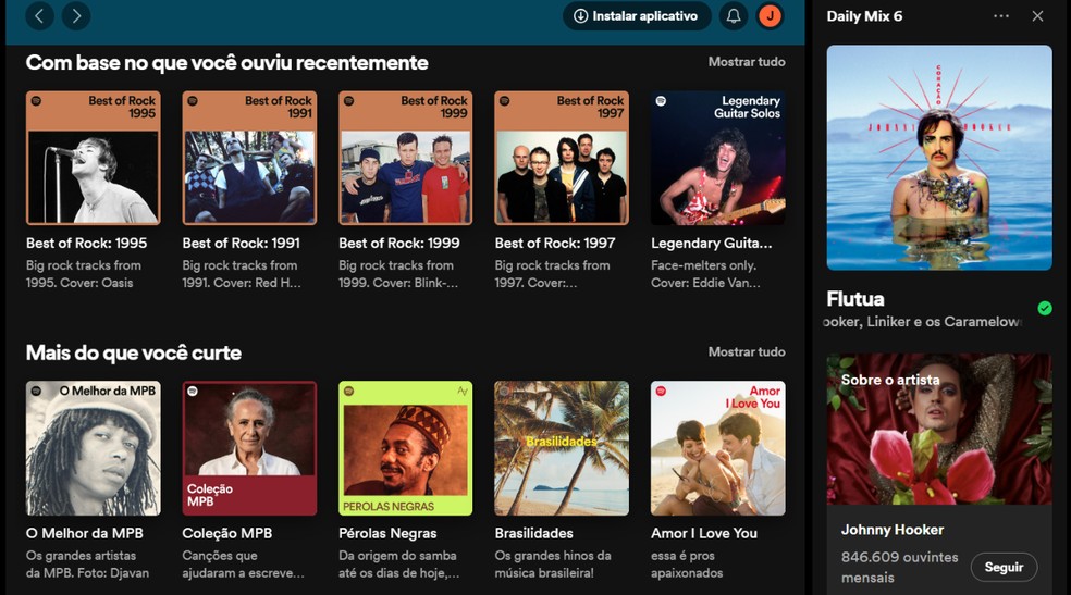 Spotfy utiliza IA preditiva para recomendar músicas, álbuns e artistas com base nos hábitos do usuários — Foto: Reprodução/Júlia Silveira