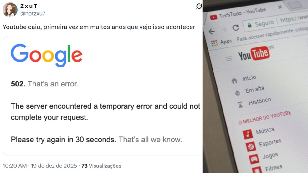 Youtube caiu? Site não abre hoje (19); veja detalhes — Foto: Arte: TechTudo