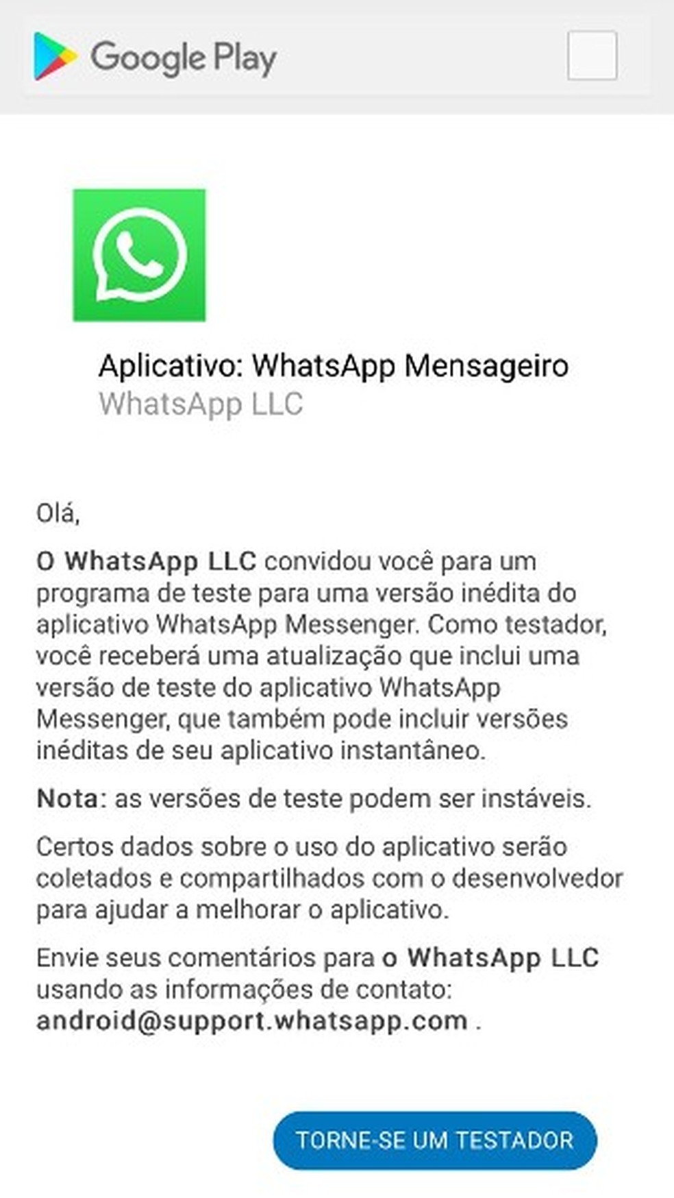 WhatsApp beta pedi para atualizar, mais não tem atualização