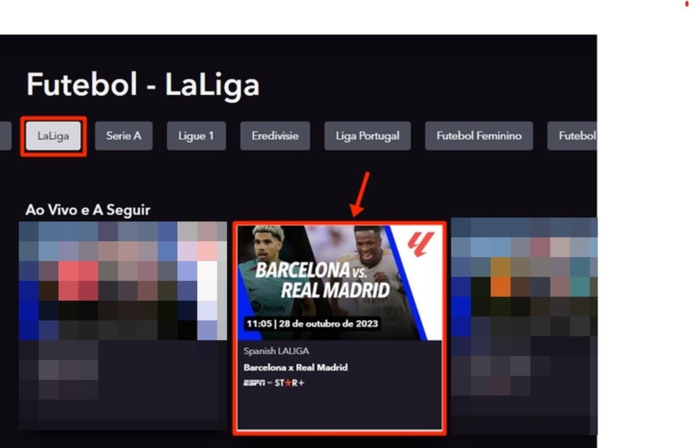 Clique no banner da jogo de Barcelona e Real Madrid para acessar a transmissão ao vivo do clássico — Foto: Reprodução/Gabriela Andrade