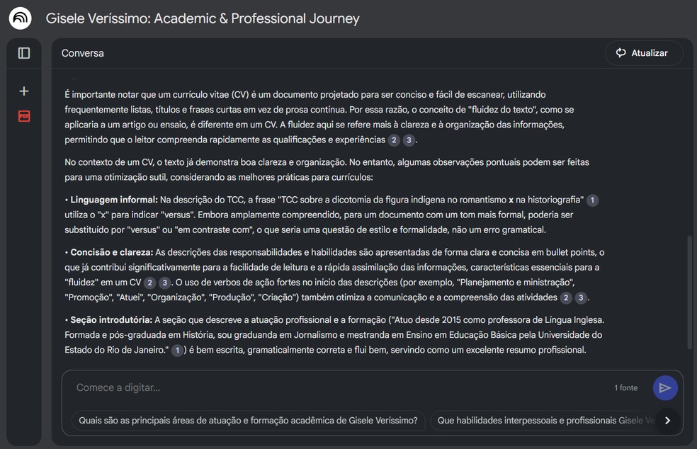 NotebookLM fez uma análise do texto do currículo, buscando erros gramaticais — Foto: Reprodução/Gisele Veríssimo
