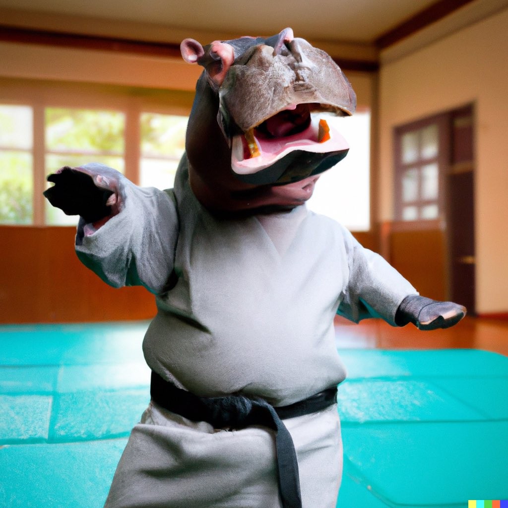 Hipopótamo praticando karatê de kimono — Foto: Reprodução/Dall-E 2