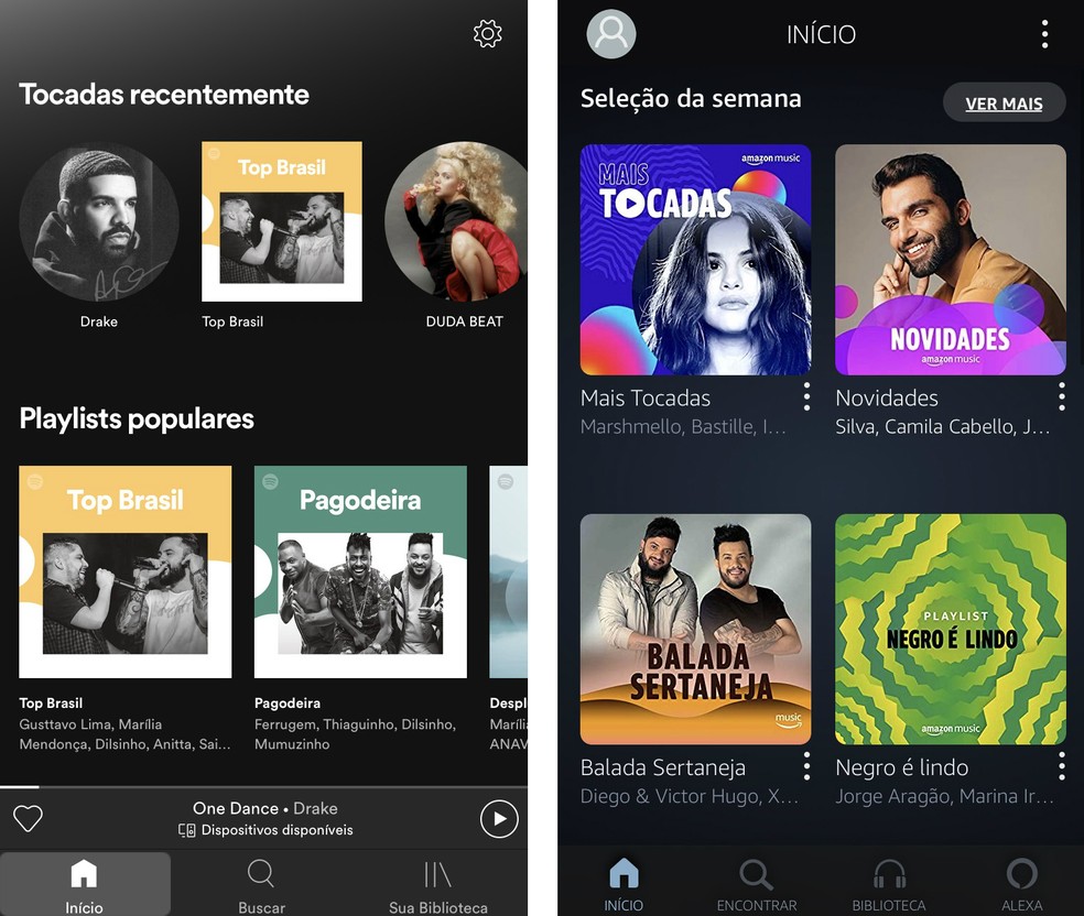 Spotify e Amazon Prime Music possuem layouts parecidos — Foto: Reprodução/Rodrigo Fernandes
