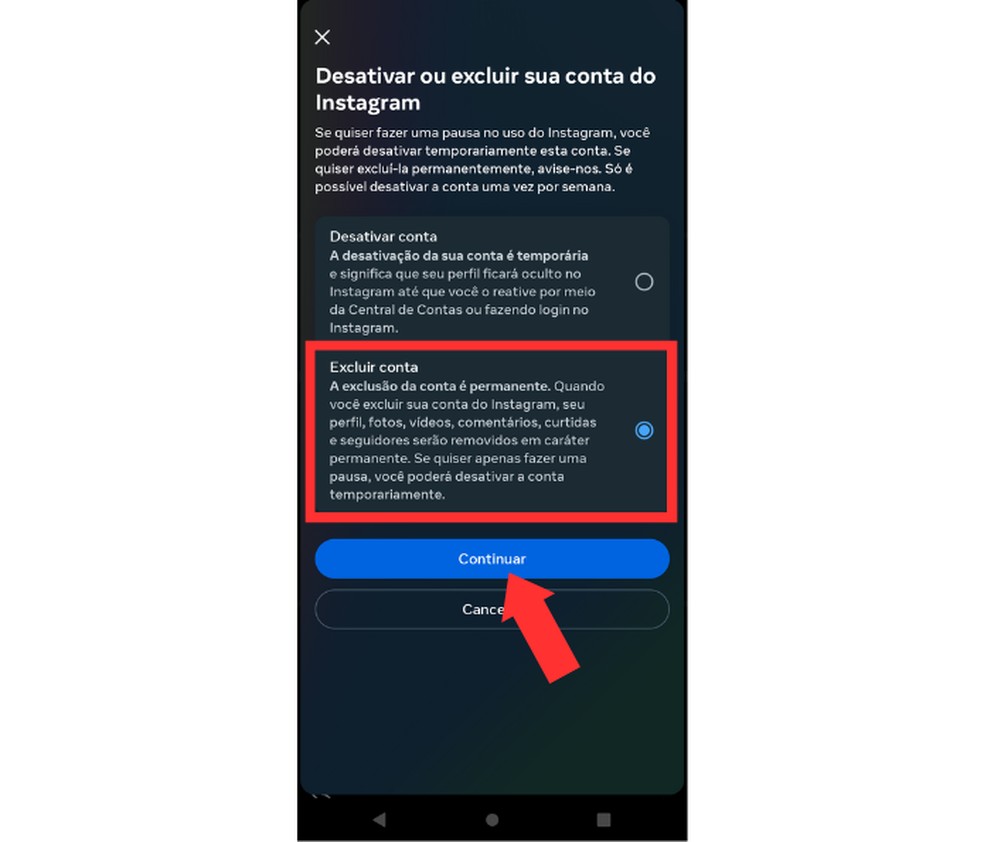 Confirmando a exclusão de uma conta do Instagram — Foto: Reprodução/Mariana Tralback