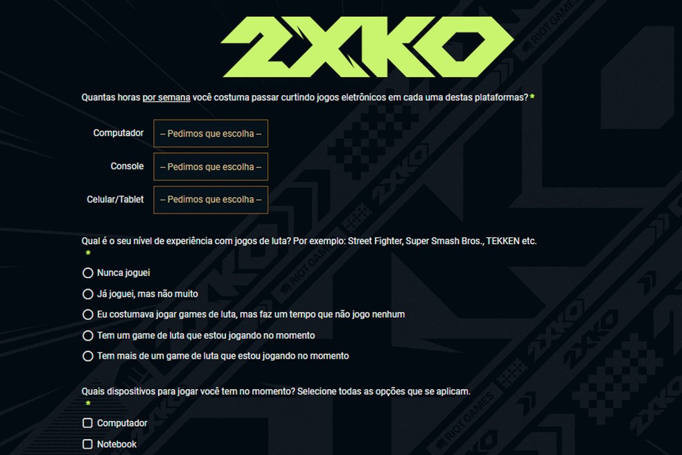 A inscrição para testar o 2XKO conta com perguntas sobre os gostos pessoais do usuário; veja o tutorial completo — Foto: Reprodução/Adriano Assumpção