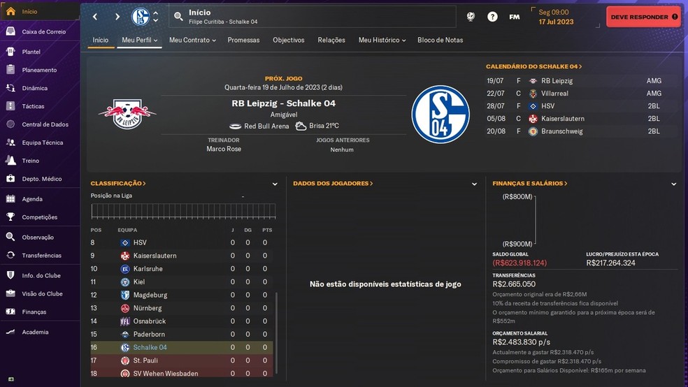 É o momento de reerguer o Schalke no Football Manager 2024 — Foto: Reprodução/Filipe Curitiba