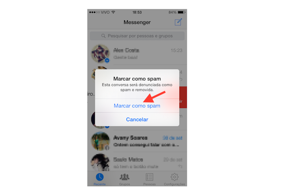 Confirmando a ação de marcar uma mensagem como spam no Facebook Messenger para iOS (Foto: Reprodução/Marvin Costa) — Foto: TechTudo