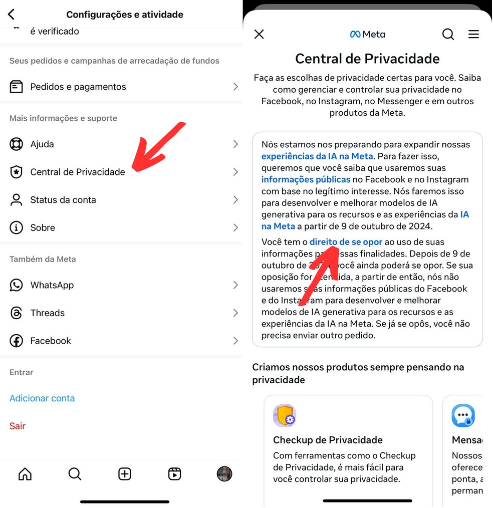 Acesse as configurações do Instagram e clique em "Central de Privacidade" para se opor à coleta de dados para treinar a Meta AI — Foto: Reprodução/Clara Fabro