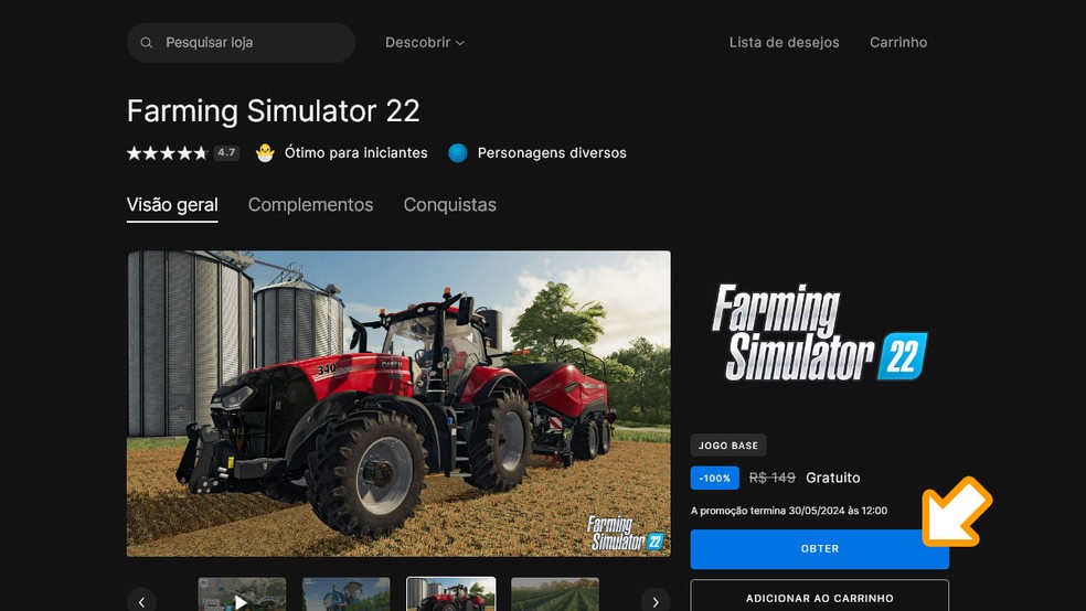 Na página de Farming Simulator 22 na Epic Games Store clique em "Obter" para resgatar o jogo — Foto: Reprodução/Rafael Monteiro
