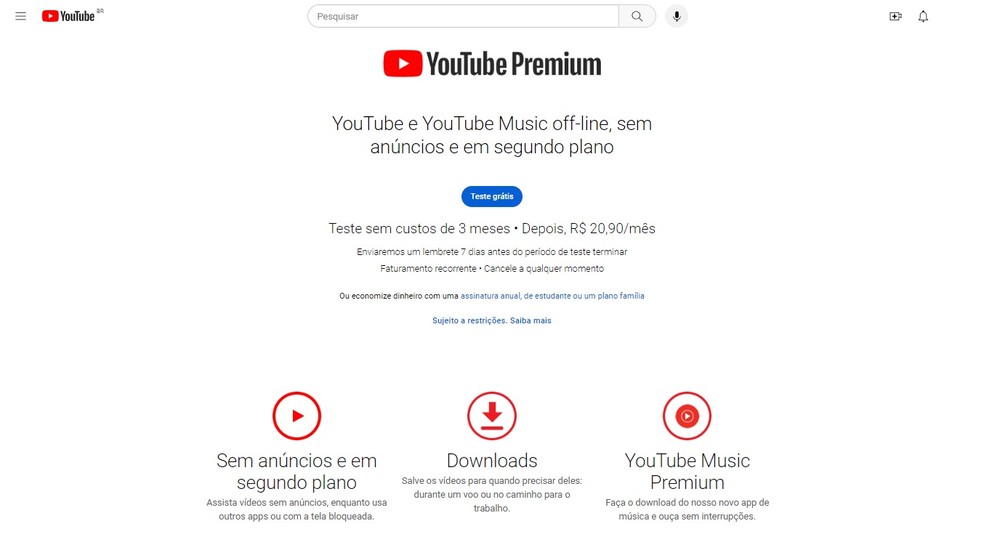 Além dos vídeo gratuitos, o YouTube também oferece um serviço pago — Foto: Reprodução/Jonathan Firmino