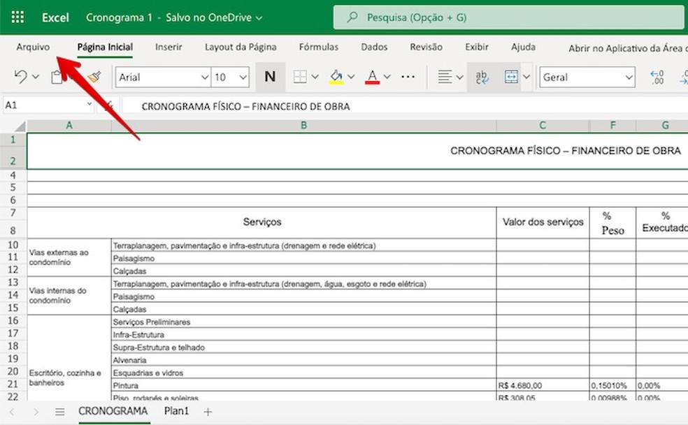 Acesse o menu Arquivo do Excel online — Foto: Reprodução/Helito Beggiora