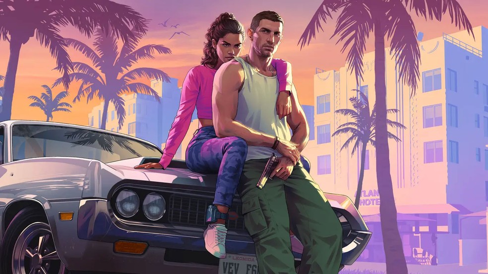 A principal arte de divulgação de GTA 6 tem sido esta com Jason e Lucia no capô de seu carro — Foto: Divulgação/Rockstar Games
