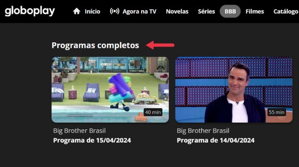 Encontre o tópico "Programas completos" para rever a final do BBB 24 — Foto: Reprodução/Thaisi Carvalho