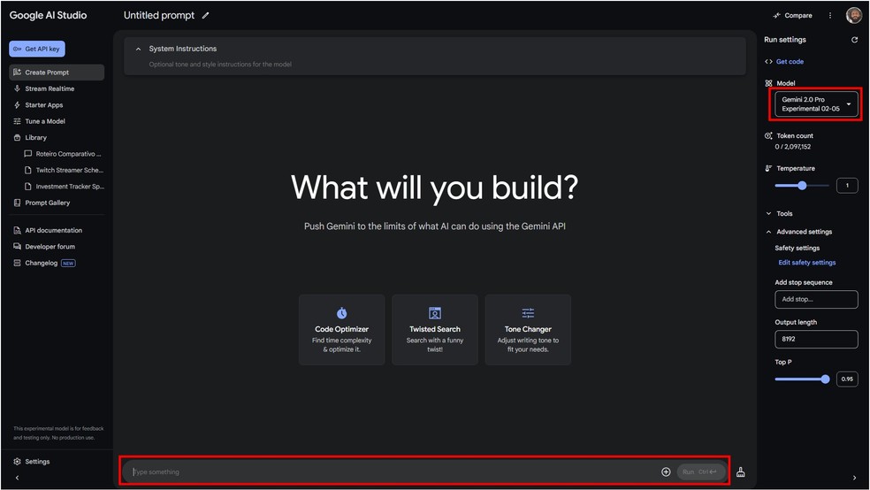 Selecione o modelo Gemini 2.0 Pro Experimental (build de 05/02/2025) no menu lateral de configurações do Google AI Studio — Foto: Reprodução/Google AI Studio