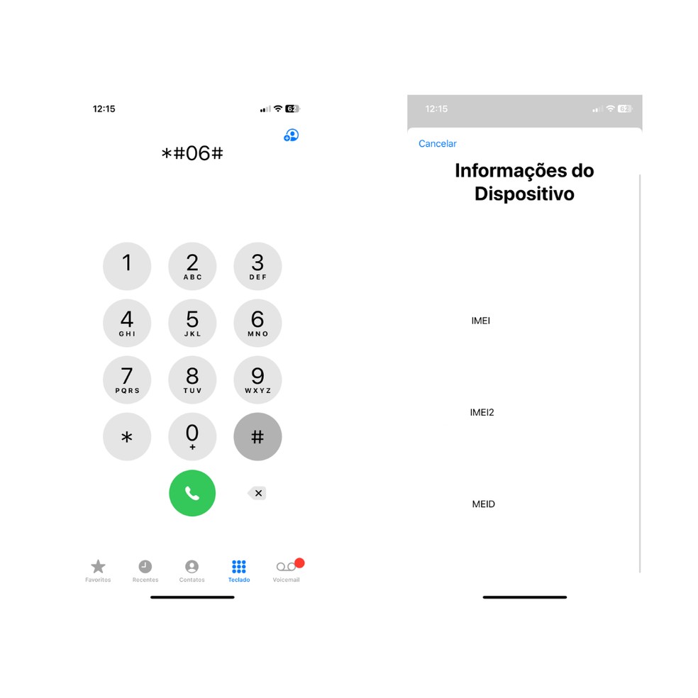 Também é possível verificar o código IMEI do celular ao discar *#06# no iPhone — Foto: Reprodução/Fernando Matias