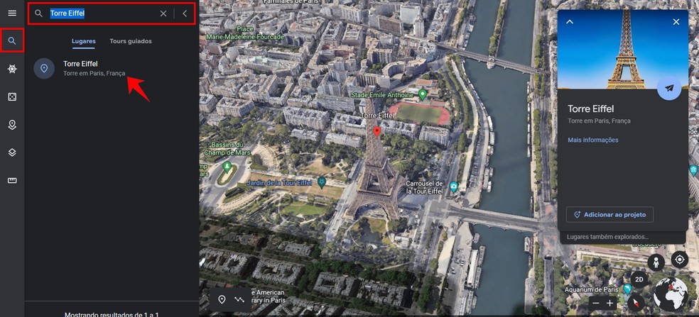 Lupa do Google Earth permite pesquisar e encontrar lugares no mapa — Foto: Reprodução/Rodrigo Fernandes