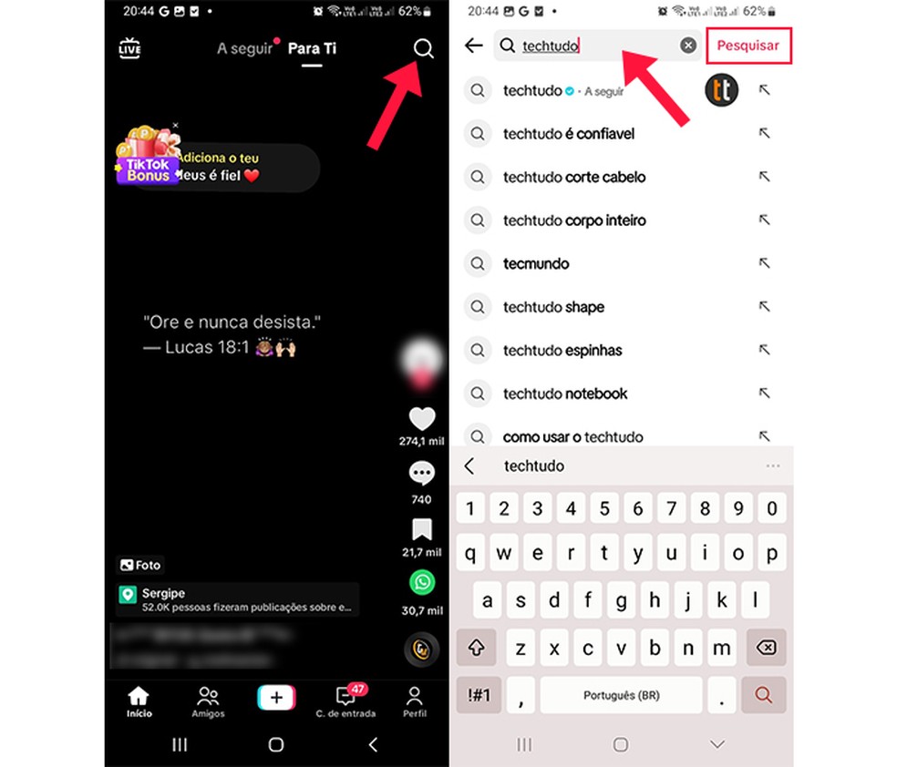 Ação para buscar um perfil no TikTok — Foto: Reprodução/Marcela Franco