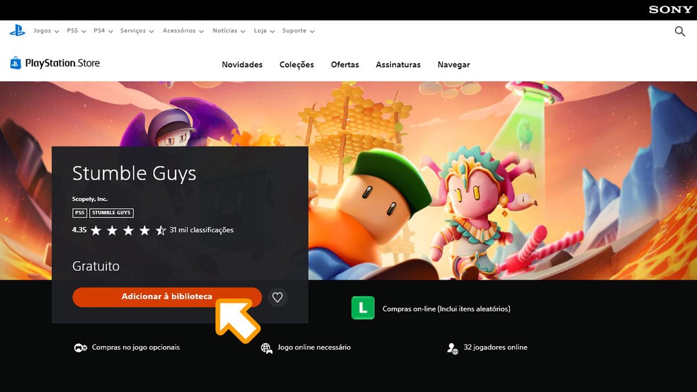 Na página de Stumble Guys na PlayStation Store clique em "Adicionar à biblioteca" para adquirir o jogo e poder baixá-lo em seu console — Foto: Reprodução/Rafael Monteiro