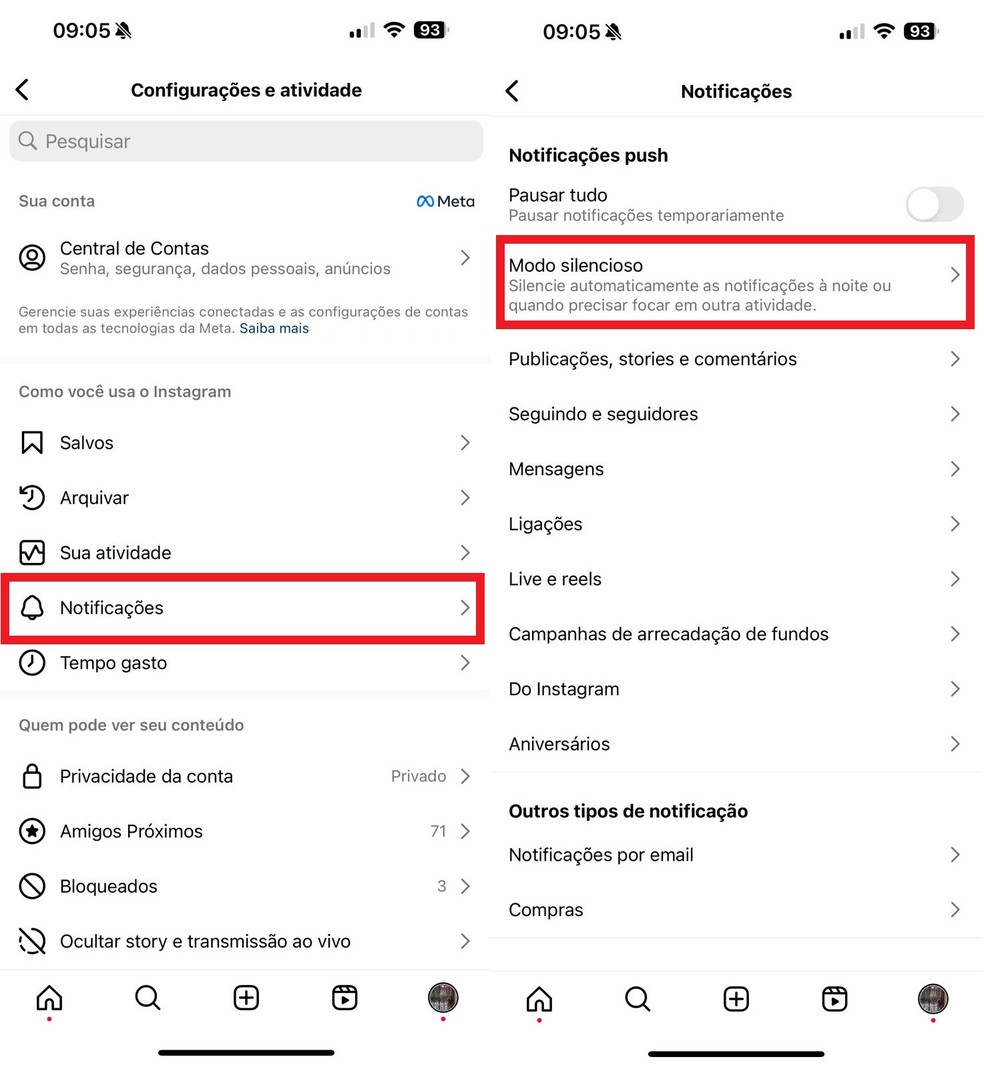 Desativando o modo silencioso no Instagram — Foto: Reprodução/Clara Fabro