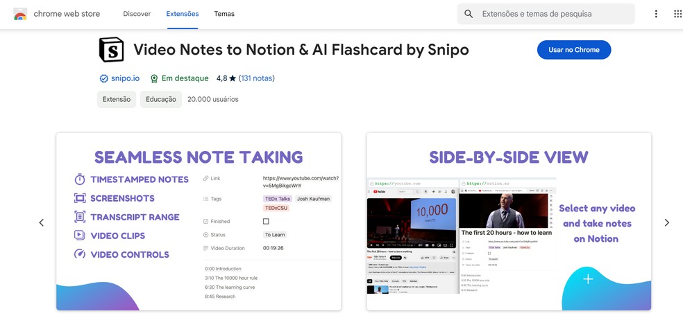 Snipo salva notas de vídeos, captura de telas e ainda consegue tranformá-las em flashcards — Foto: Reprodução/Chrome Web Store