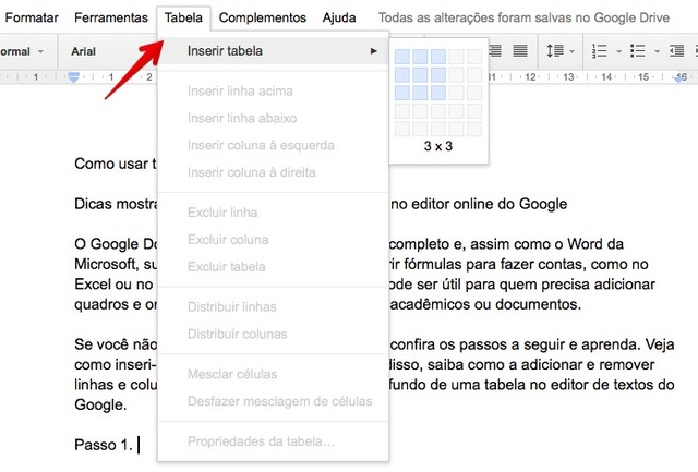 Como usar tabelas no Google Docs