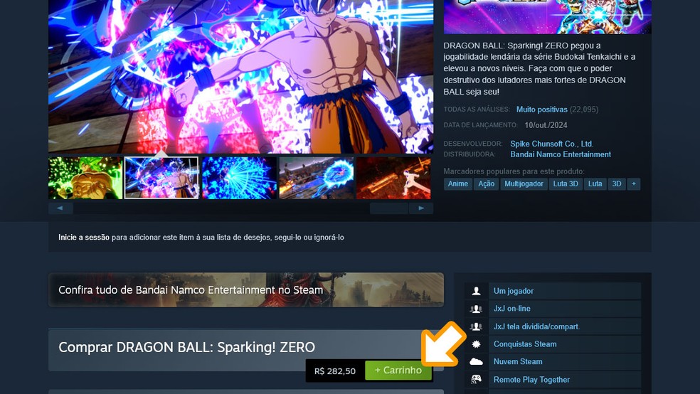 Na página de Dragon Ball Sparking! Zero no Steam complete sua compra para fazer download do game em seu PC — Foto: Reprodução/Rafael Monteiro