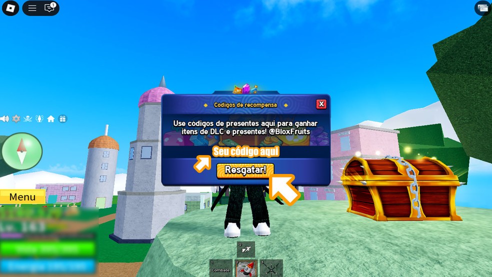 Insira o código na janela que se abrirá de Blox Fruits em Roblox e clique em "Resgatar!" para obter sua recompensa — Foto: Reprodução/Rafael Monteiro