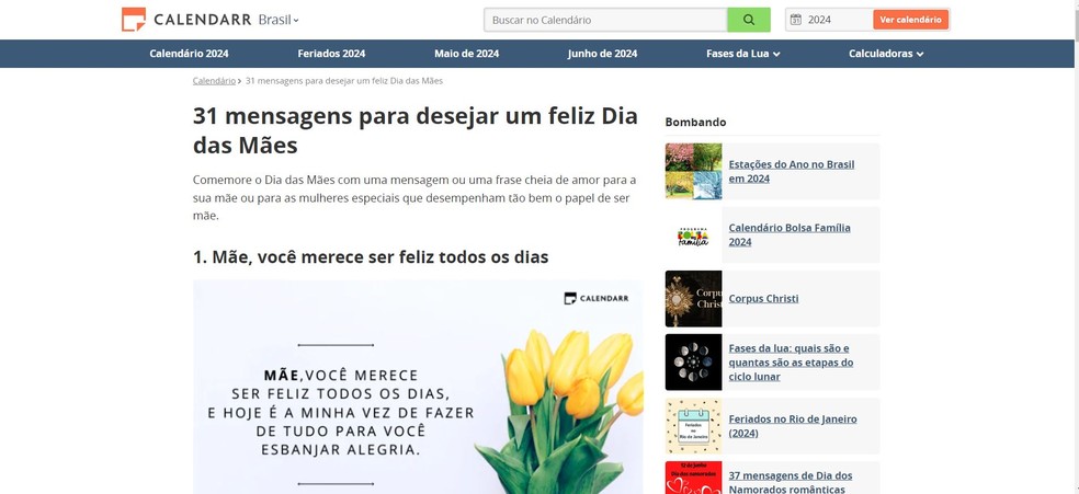 O Calendarr oferece mensagens para o Dia das Mães — Foto: Reprodução/Juliana Villarinho