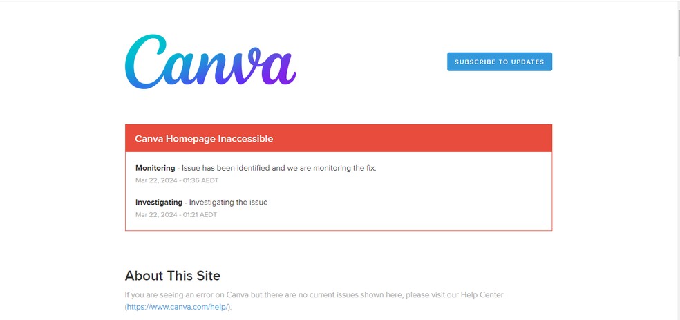 Canva Status reconhece falha no Canva — Foto: Reprodução/Yuri Neri