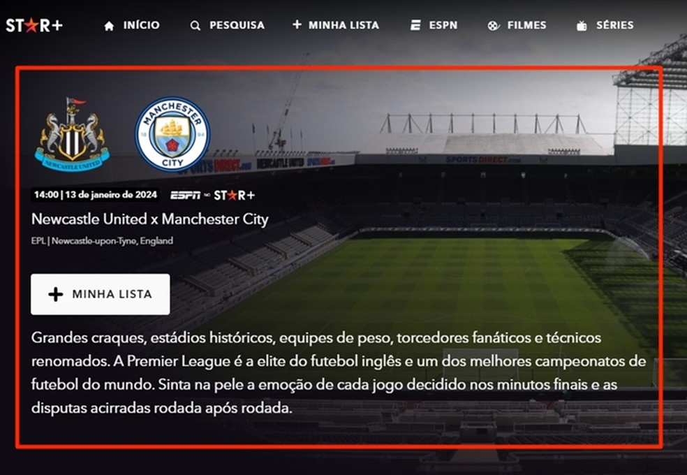 Com início às 14h30, a transmissão de Newcastle x Manchester City acontece online no Star+ — Foto: Reprodução/Gabriela Andrade