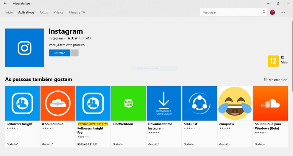 Página do Instagram na loja do Windows 10 — Foto: Reprodução/André Mello